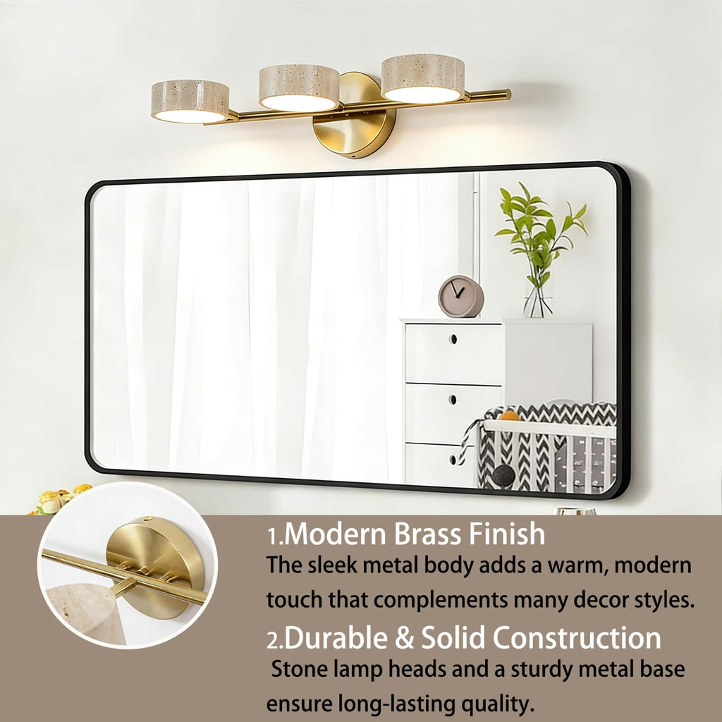 LED Mirror Light with 3 Travertine Stone Shades, Bathroom Vanity Wall Sconce, 360° Rotatable Stone Lampshades, Modern Rustic Wall Lamp for Bedroom, Living Room, Hallway (Gold-Metal)