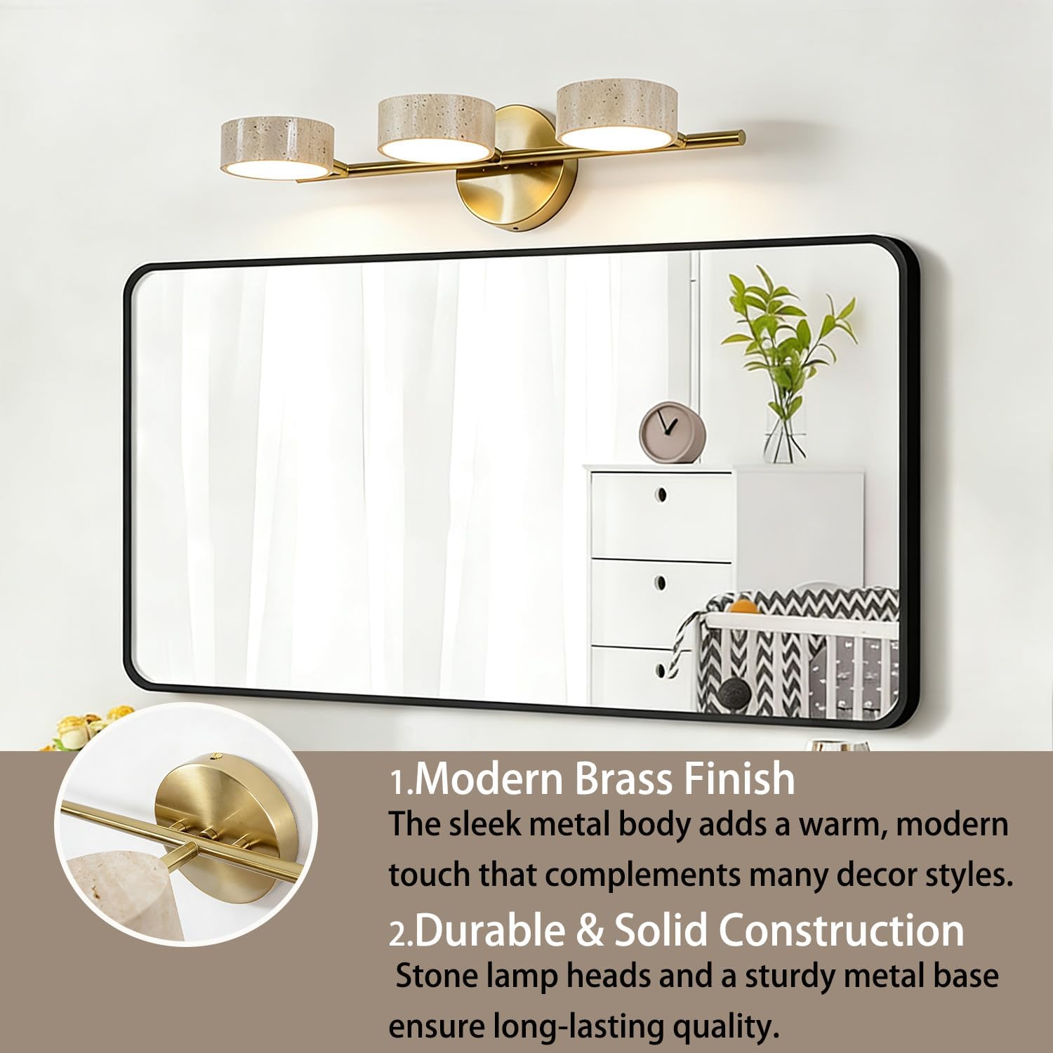LED Mirror Light with 3 Travertine Stone Shades, Bathroom Vanity Wall Sconce, 360° Rotatable Stone Lampshades, Modern Rustic Wall Lamp for Bedroom, Living Room, Hallway (Gold-Metal)