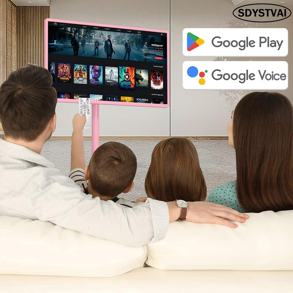 32' FHD Smart Portable TV, Rolling TV on Wheels, Android 15 OS, 8G +128GB Storage, Portable Touch Screen Monitor, EDLA Certified, 8MP Camera, 6–8 Hour Battery, Swivel Design, Voice Remote