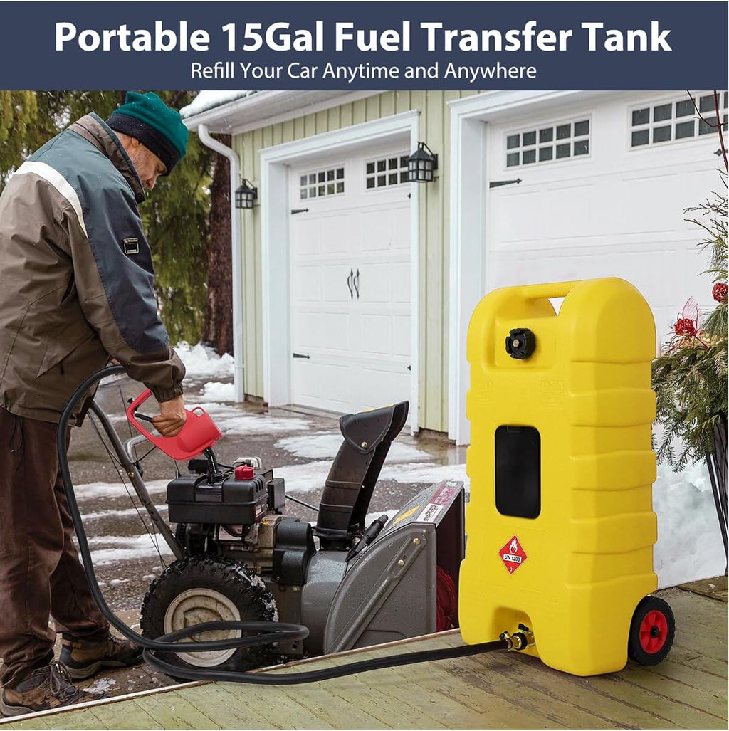 15 Gallon Fuel Caddy – Portable Diesel & Gasoline Tank with Manual Siphon Pump, 10ft Delivery Hose & Wheels for Cars, Boats, ATVs & Lawn Mowers - Yellow