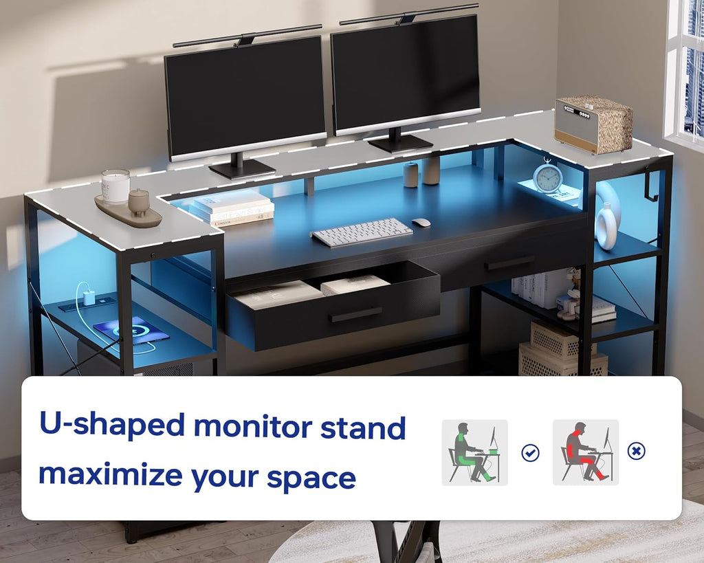 Pamray 58 Inch Computer Desk with Monitor Stand and Shelves Gaming Desk with LED Lights & Power Outlets PC Vanity Table with 2 Drawers for Home Office White