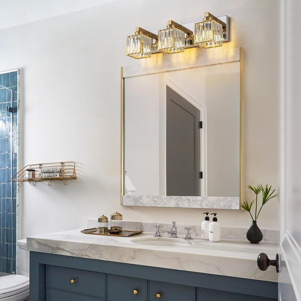 Gold Chrome Crystal Bathroom Light 3-Light Modern Bathroom Vanity Light Fixtures Over Mirror Wall Sconce