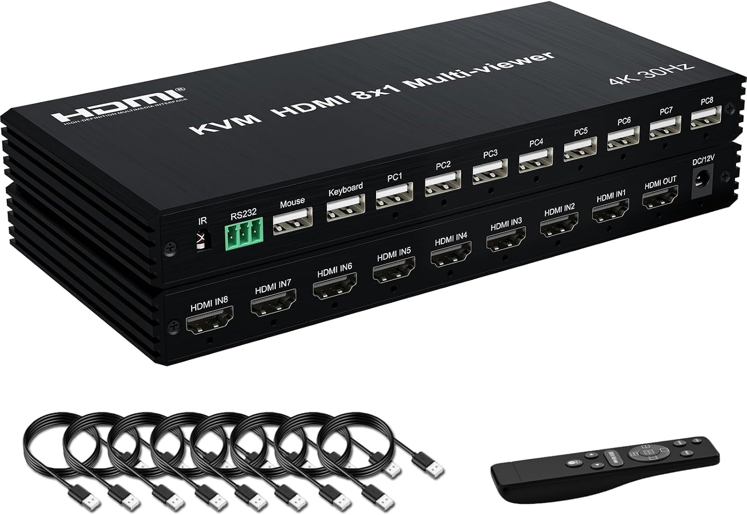 4K HDMI KVM Switcher 8 in 1 Out, 4K Multi-Viewer with IR Remote and Button Switch, HDMI Splitter with 16 Modes Displays 1 Full Screen+15 Kinds Split Screen Modes, 2 USB Port for Keyboard/Mouse