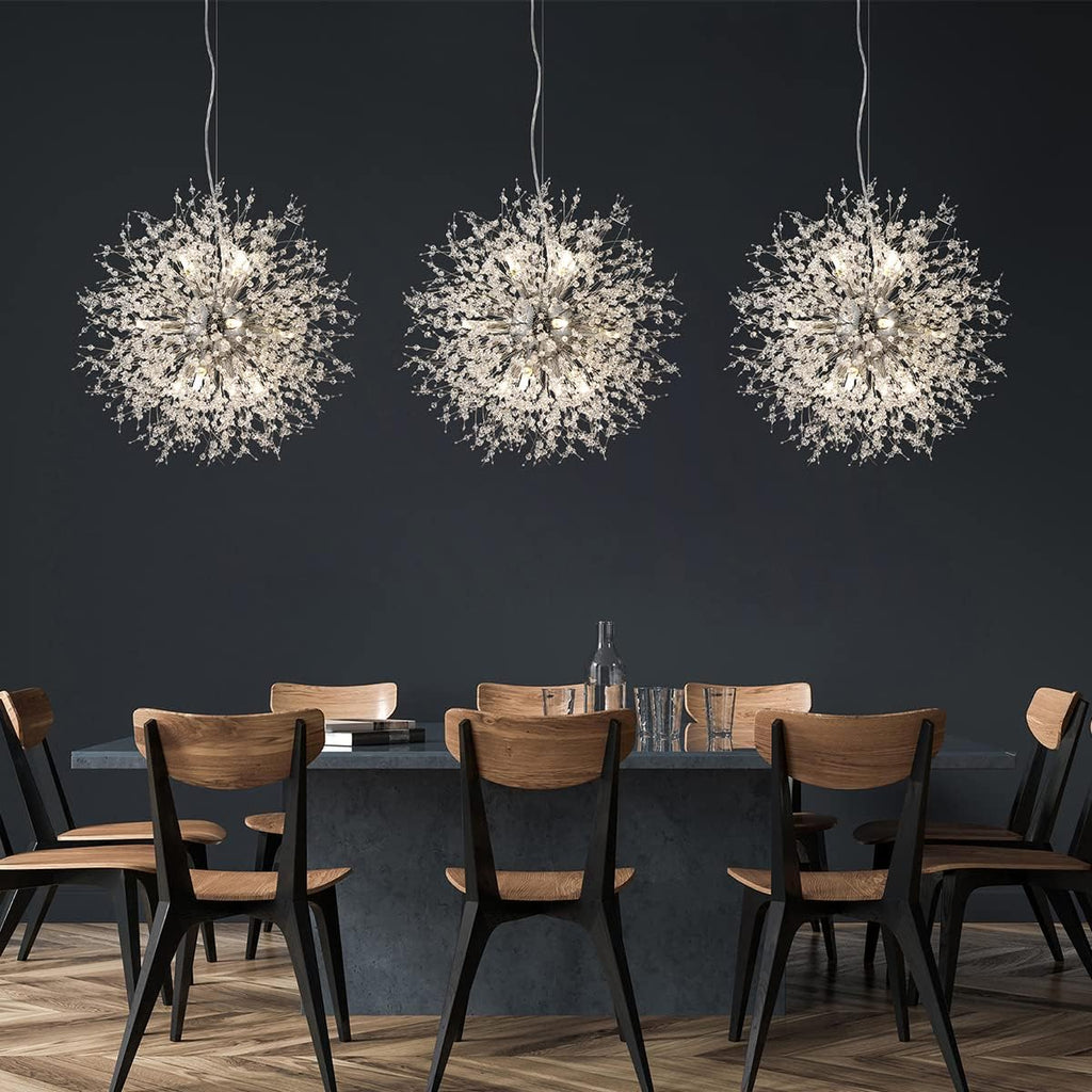 Modern Crystal Chandeliers Firework, 12-Light Chrome Stainless Steel Sputnik Chandelier, 21.6' Dandelion Pendant Ceiling Light Fixture for Bedroom Dining Room