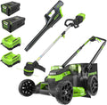 Greenworks 80V 25' Cordless Brushless Self-Propelled Rear Wheel Drive 3-in-1 Lawn Mower + 16' String Trimmer + 730 CFM Leaf Blower Combo Kit - 4.0Ah & 2.5Ah Batteries (2) + 2 Chargers | Zero Emissions