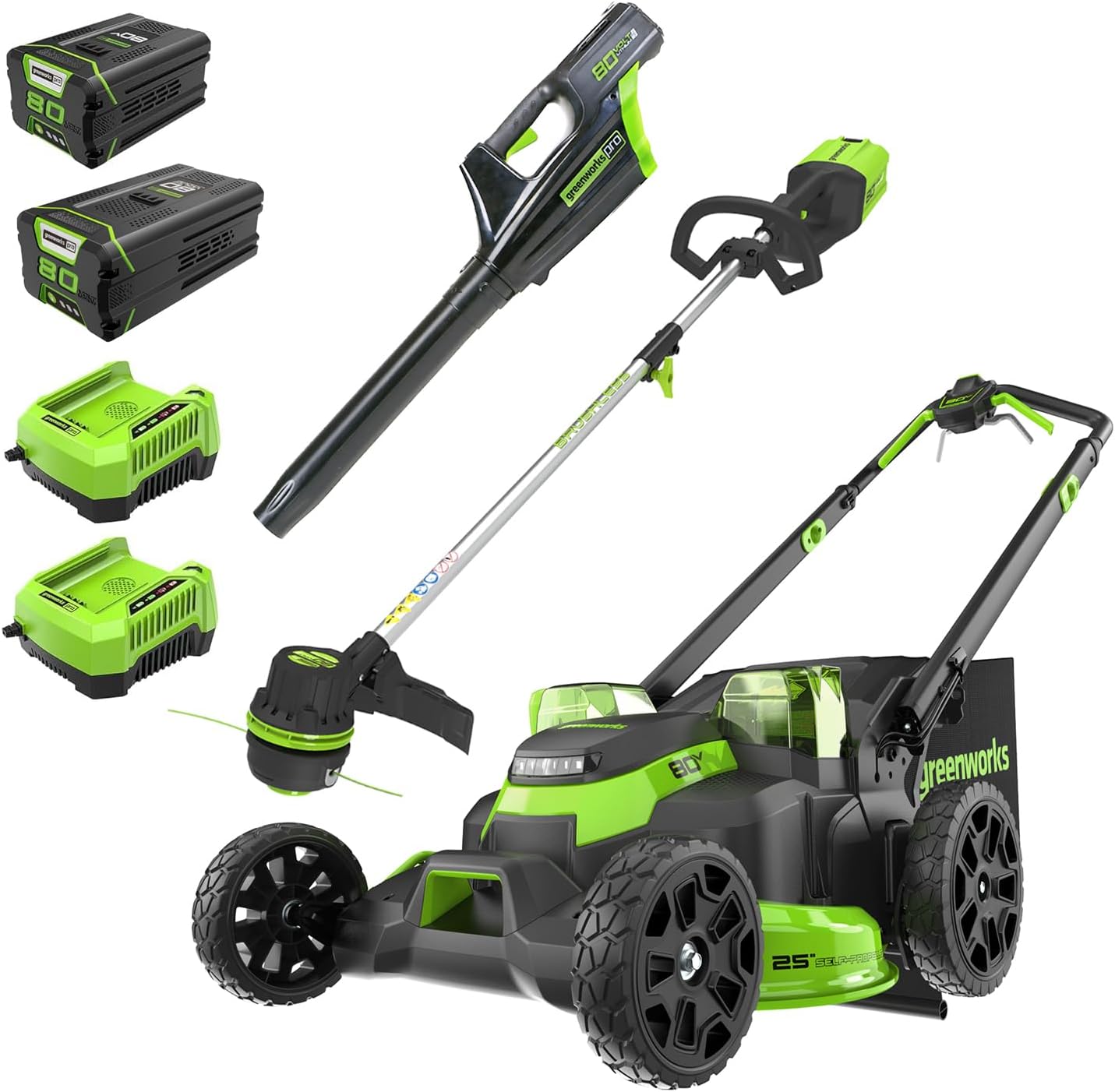 Greenworks 80V 25' Cordless Brushless Self-Propelled Rear Wheel Drive 3-in-1 Lawn Mower + 16' String Trimmer + 730 CFM Leaf Blower Combo Kit - 4.0Ah & 2.5Ah Batteries (2) + 2 Chargers | Zero Emissions