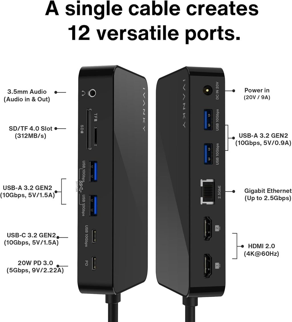 iVANKY FusionDock 1+ MacBook Pro Docking Station with 180W Power Adapter, 12-in-1 Dual 4K@60Hz USB C Dock for MacBook Pro/Air Thunderbolt 3/4 Dock HDMI 2.0, 96W PD, 6 USB, 2.5Gbps Ethernet SD/TF Audio