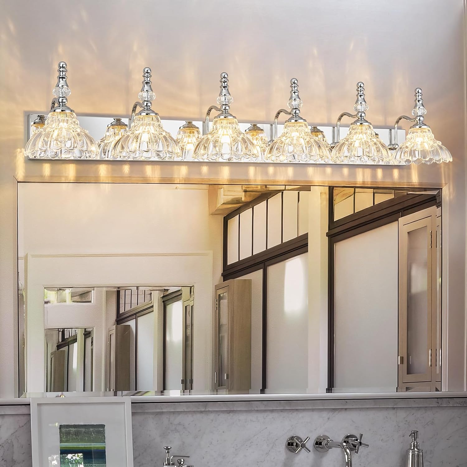 Vintage Bathroom Vanity Light, 6-Light Chrome Vanity Lighting Fixture with Flower Glass Shade, Bathroom Lighting Fixtures Over Mirror