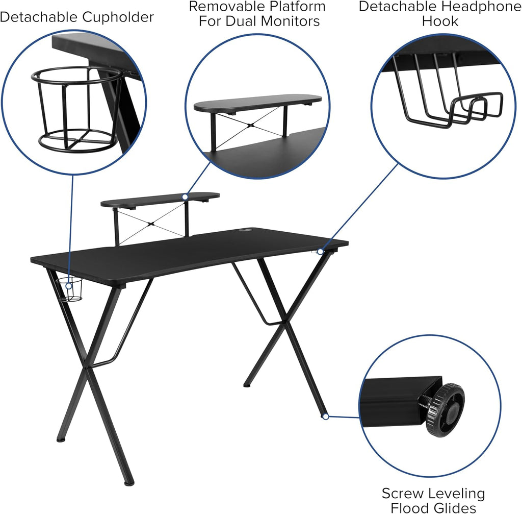 Flash Furniture Black Gaming Desk and Gray/Black Racing Chair Set with Cup Holder, Headphone Hook, and Monitor/Smartphone Stand