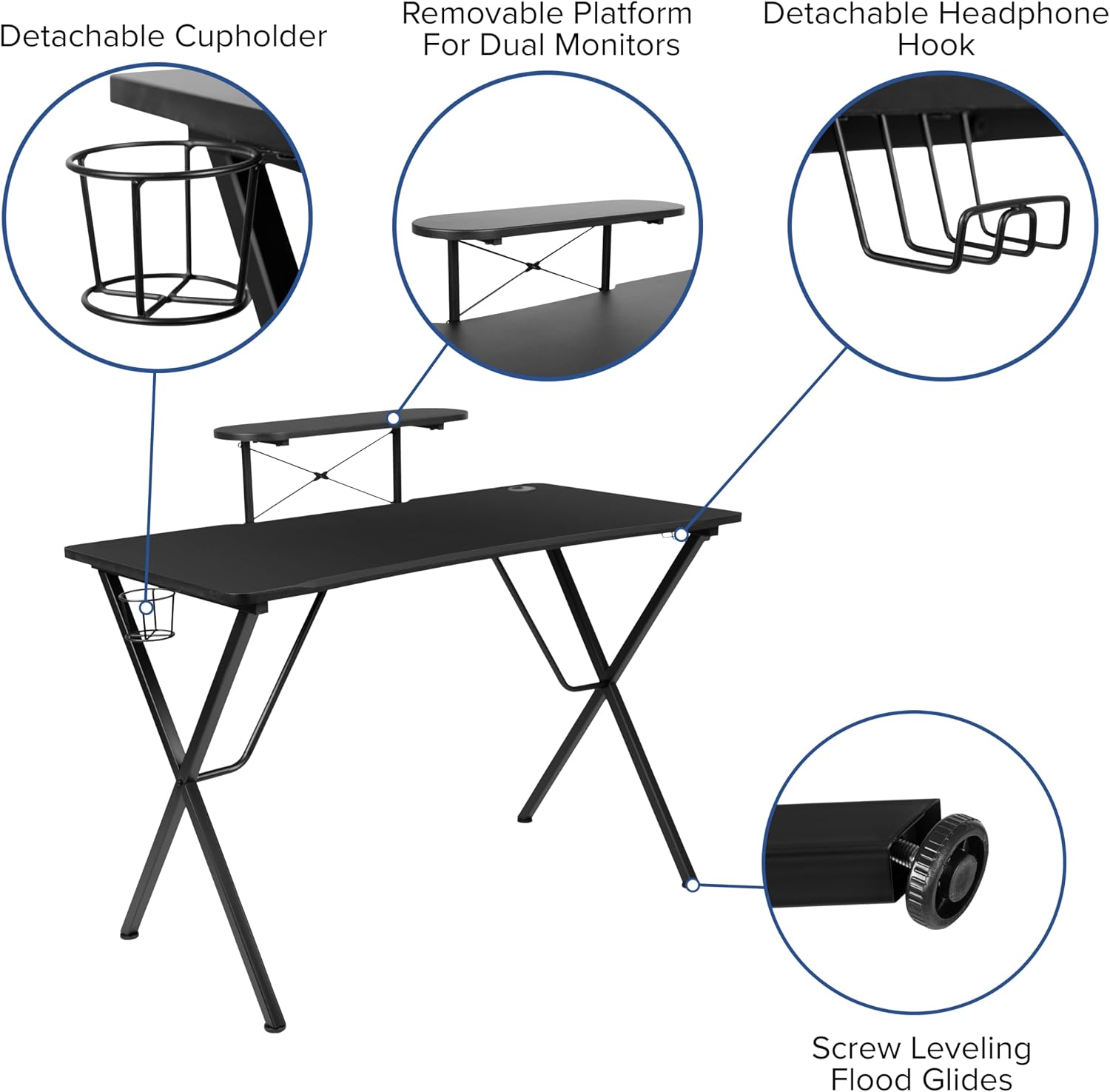 Flash Furniture Black Gaming Desk and Gray/Black Racing Chair Set with Cup Holder, Headphone Hook, and Monitor/Smartphone Stand