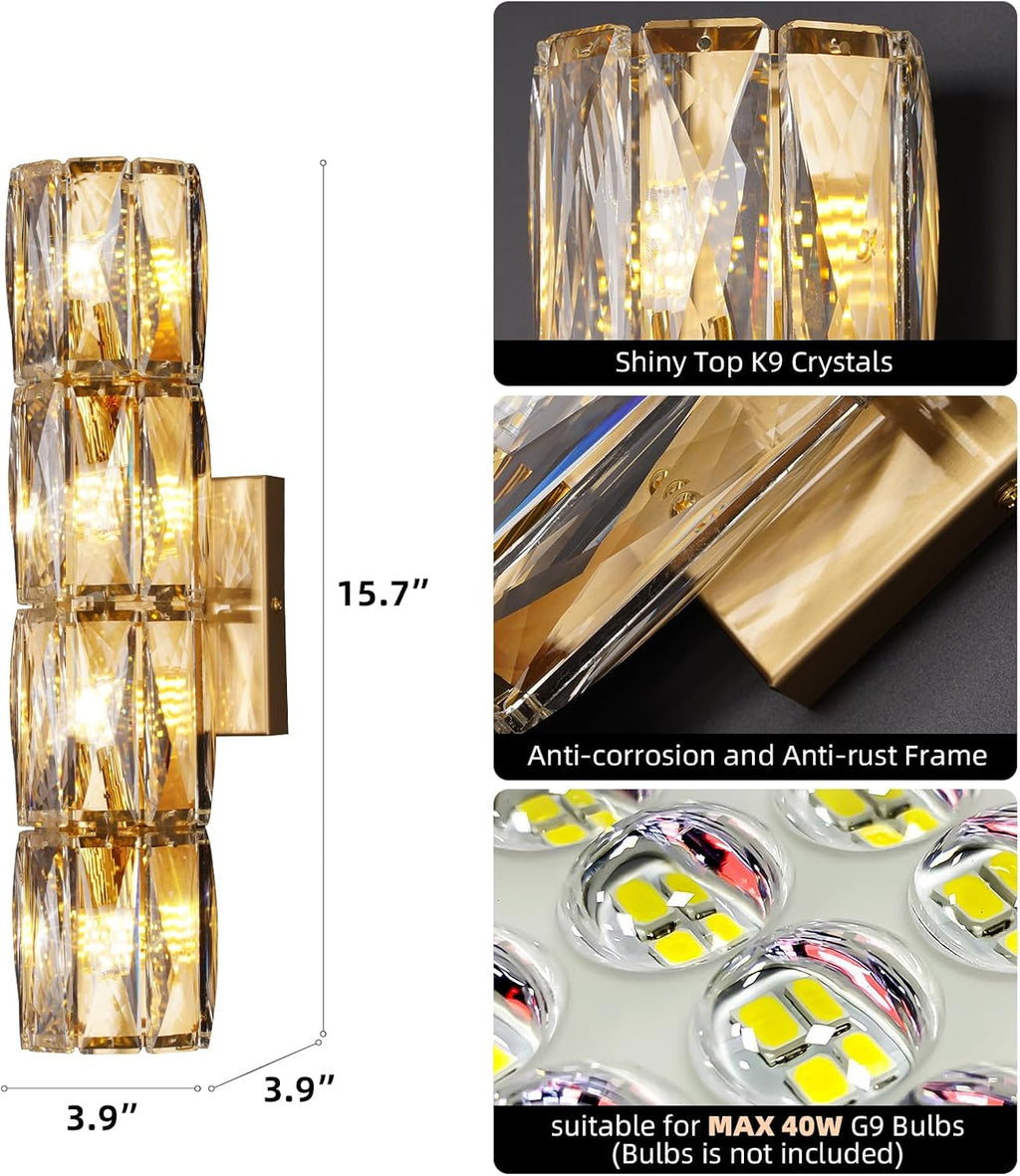 Crystal Wall Sconces Lighting, Modern Gold Wall Light Fixture, Elegant Vanity Wall Lighting Mount for Living Room Bedroom Bathroom Crystal Vanity Light Fixture for Indoor Hallway Doorway Stairway