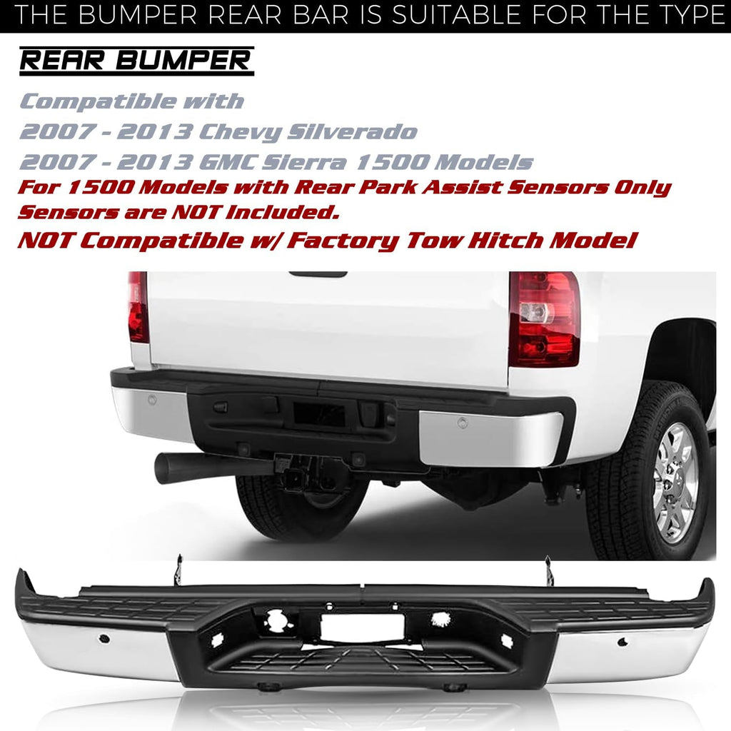 JSBOYAT Rear Step Bumper Fit for 2007-2013 Chevy Silverado 1500 / GMC Sierra 1500 Chrome Steel Bumper Assembly with Sensor Holes (Chrome) NOT Fit 2500 3500