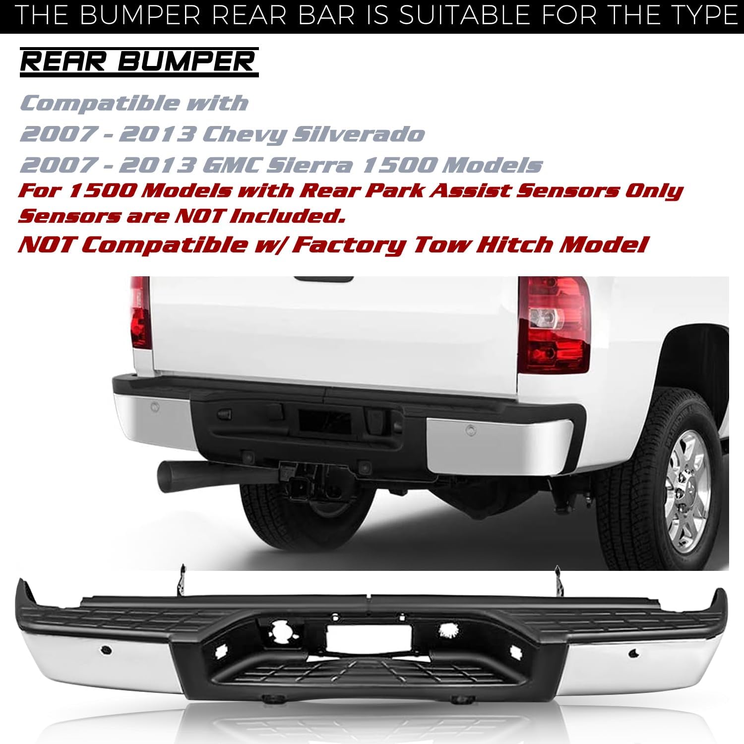 JSBOYAT Rear Step Bumper Fit for 2007-2013 Chevy Silverado 1500 / GMC Sierra 1500 Chrome Steel Bumper Assembly with Sensor Holes (Chrome) NOT Fit 2500 3500