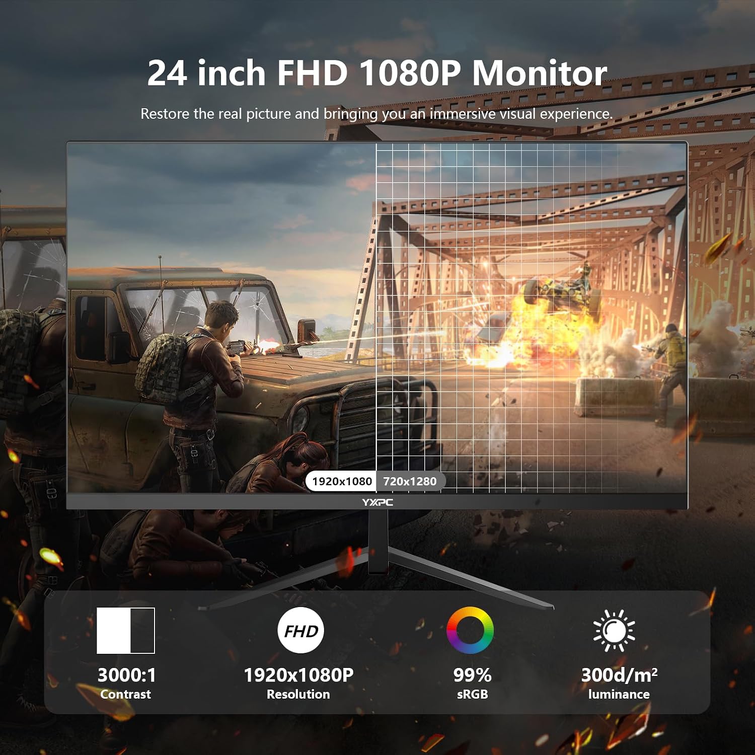 24 Inch Computer Monitor, 180Hz FHD 1080P VA Screen, 99% sRGB, 1ms, Frameless Design for Work and Play, HDMI, DP, VESA