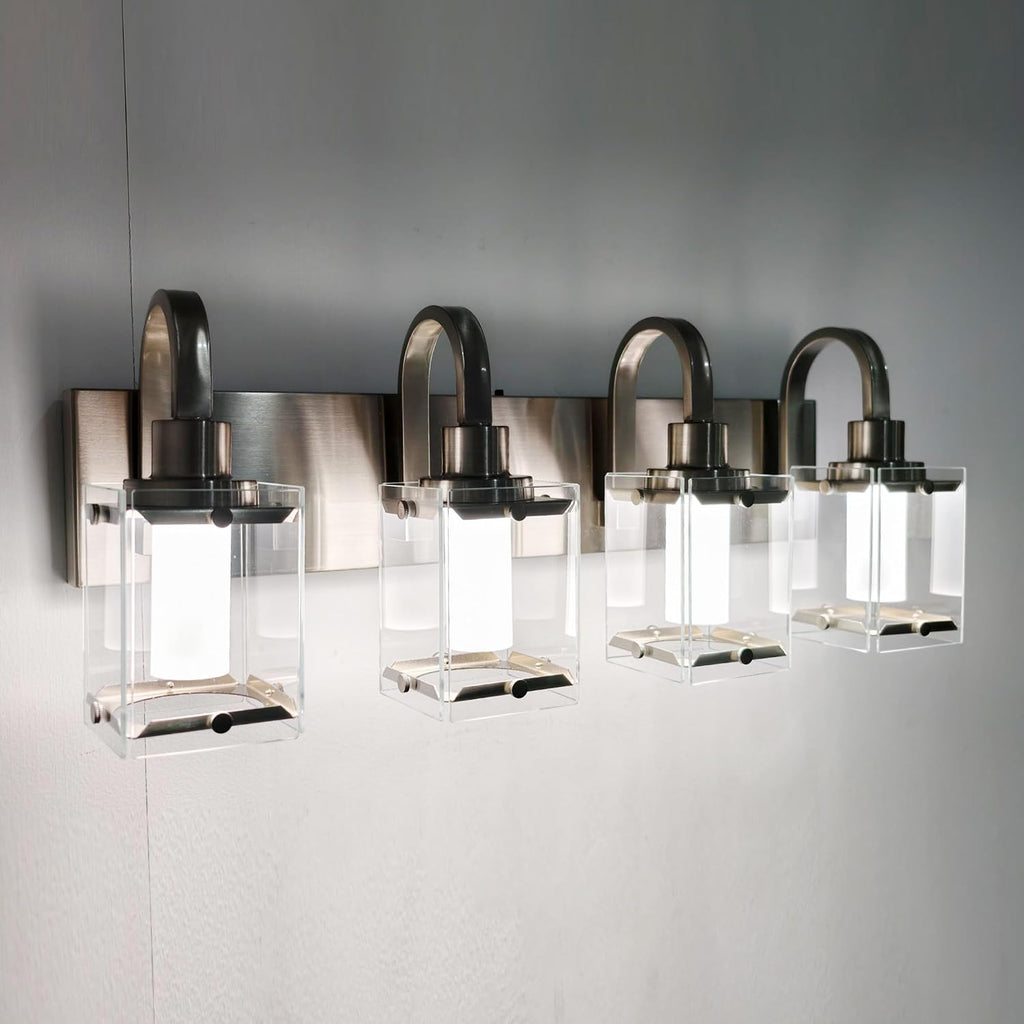 4-Light Chrome Vanity Light Fixtures, Modern LED Bathroom Wall Lights for Dressing Room, Integrated LED Chips with Frosted Column & Clear Square Glass Shades, Energy Saving Wall Sconce