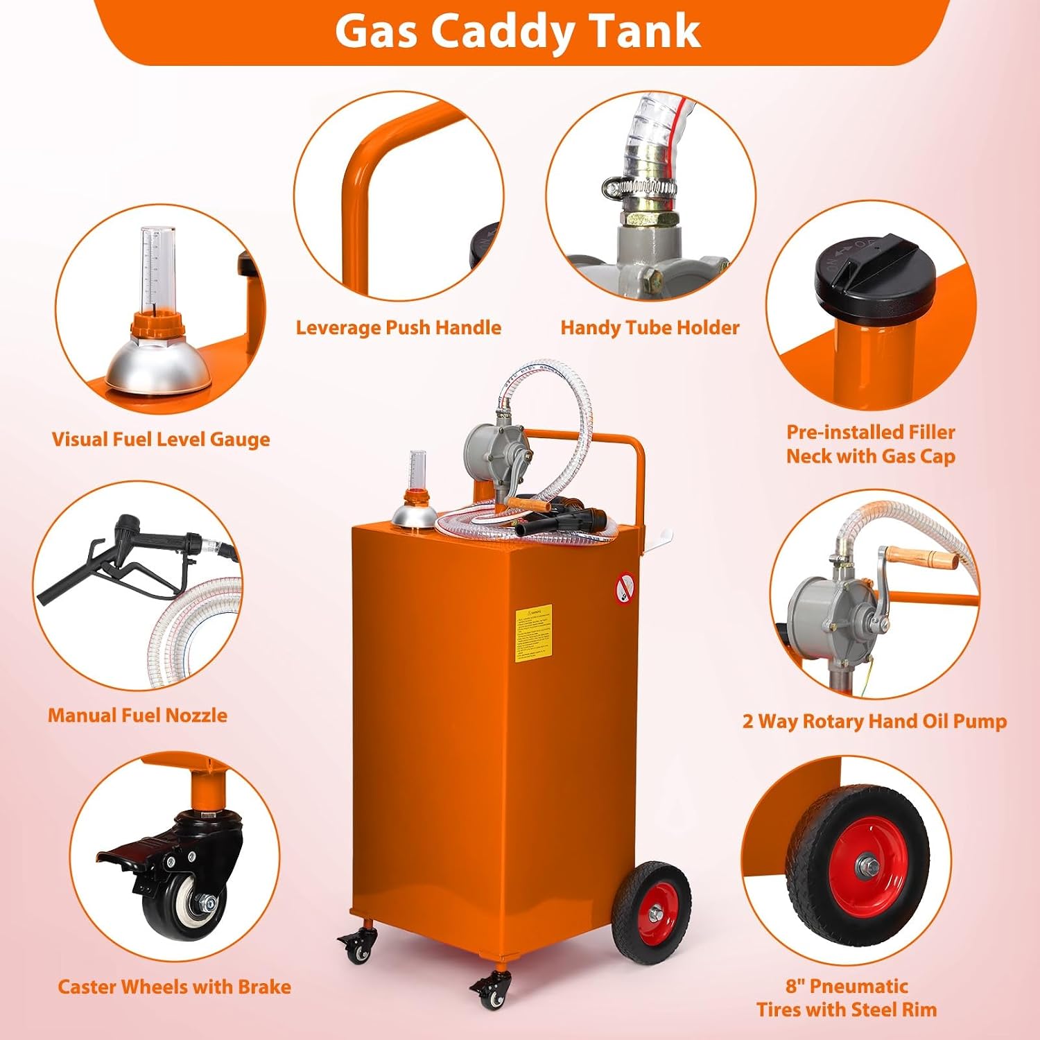 35 Gallon Fuel Caddy w/Manual Pump 4-Wheel Portable Gas & Diesel Storage Tank Heavy-Duty Steel with Hose for Lawn Mower, ATV, Boat, Farm