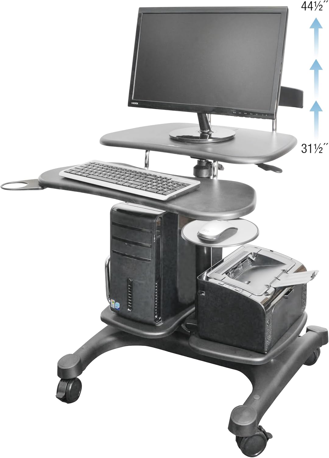 Kantek Mobile Sit Stand Height Adjustable (31'-44.5') PC Cart, Rolling Computer Laptop Workstation, Keyboard Tray, Mouse Tray, Printer, UPS, Monitor Arm,Black,STS240
