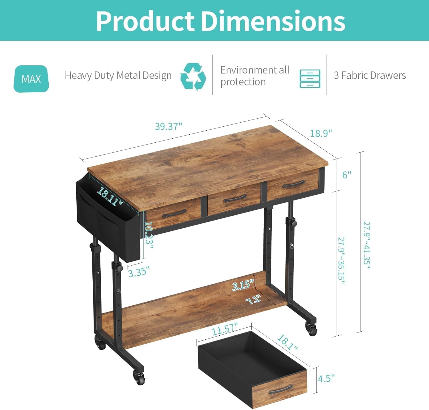 WINAZ Rolling Standing Desk Adjustable Height with Drawers on Wheels, 40 Inch Portable Mobile Stand Up Computer Desks for Bedroom Home Office, Couch Sofa Side Laptop Table with Storage, Rustic Brown