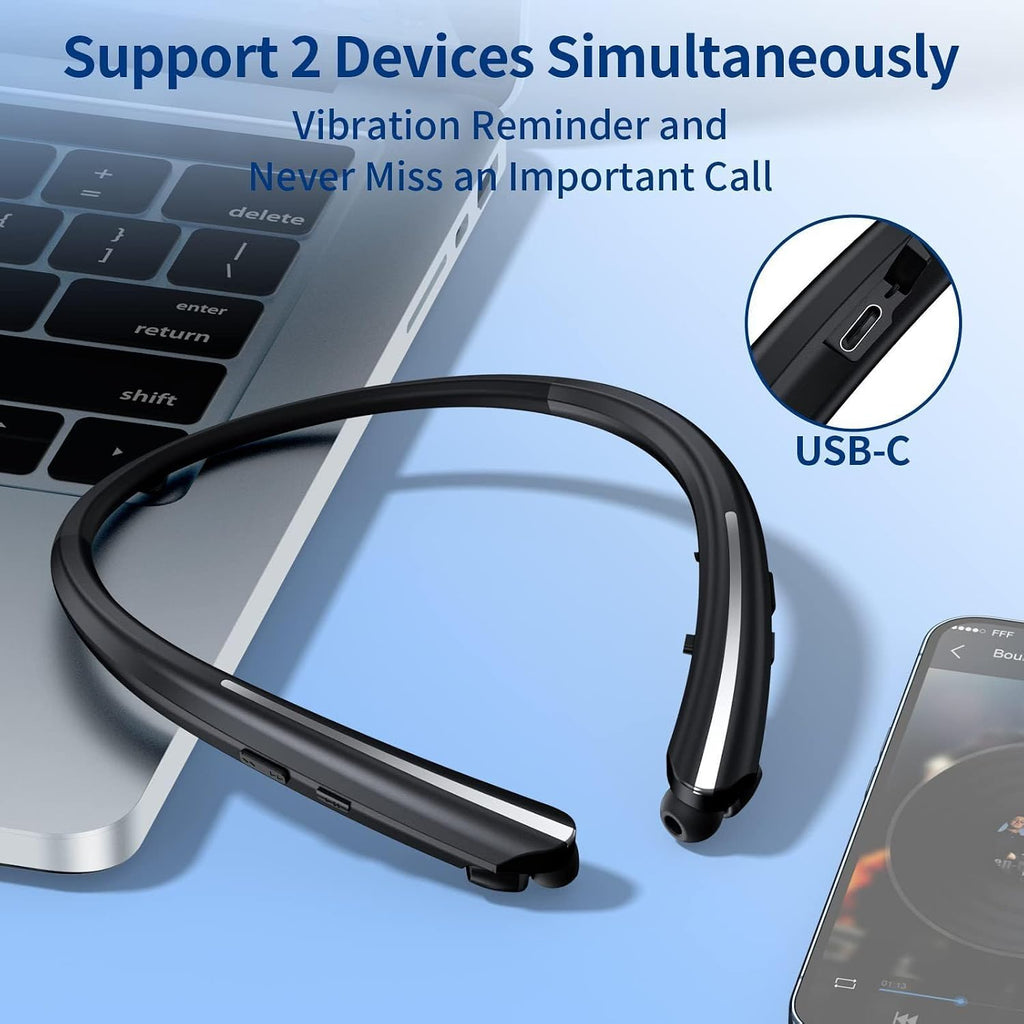 Neckband Bluetooth Headphones, 16H Battery with Auto-Retractable in-Ear Earbuds, HiFi Stereo Sound & Hybrid Active Noise Cancelling for Sports, Gym, Running, Workout, Hands-Free Calling