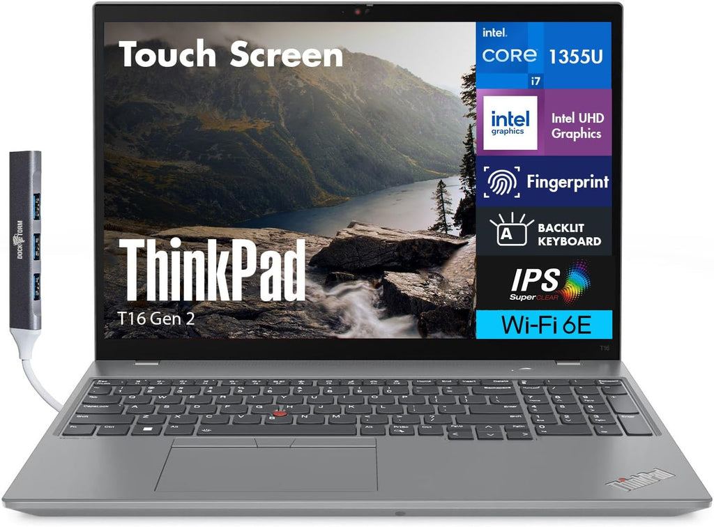 Lenovo ThinkPad T16 Gen 2 Business Laptop 16.0' IPS FHD+ Touchscreen (Intel i7-1355U, 32GB DDR5, 1TB SSD, Copilot, Backlit, Fingerprint, FHD Webcam, 2 Thunderbolt 4, Win11P) w/DKZ USB Port Expander