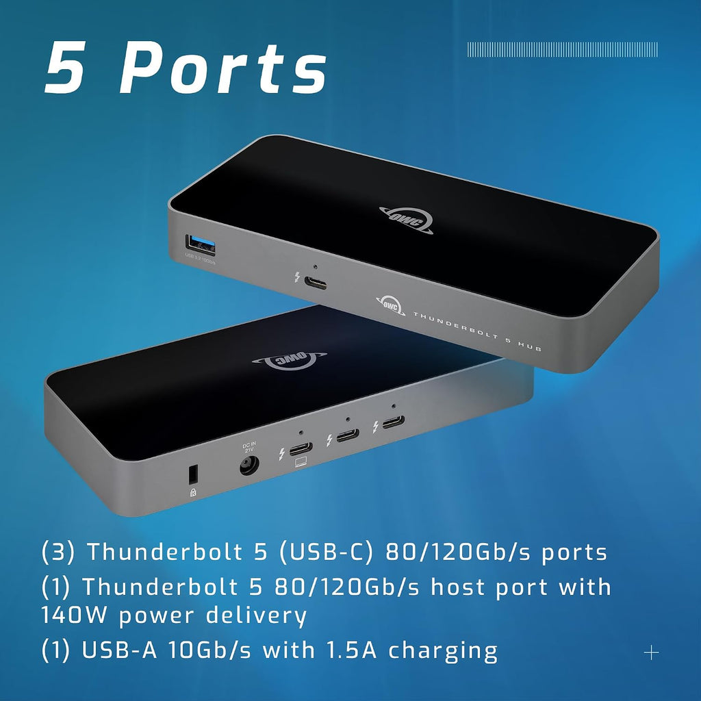 OWC Thunderbolt 5 Hub – 5-Port Expansion for Mac & PC | 80Gb/s Bandwidth | 140W Charging | Triple 8K Display Support | Fanless Silent Design | TB5/TB4/TB3/USB4 Compatible