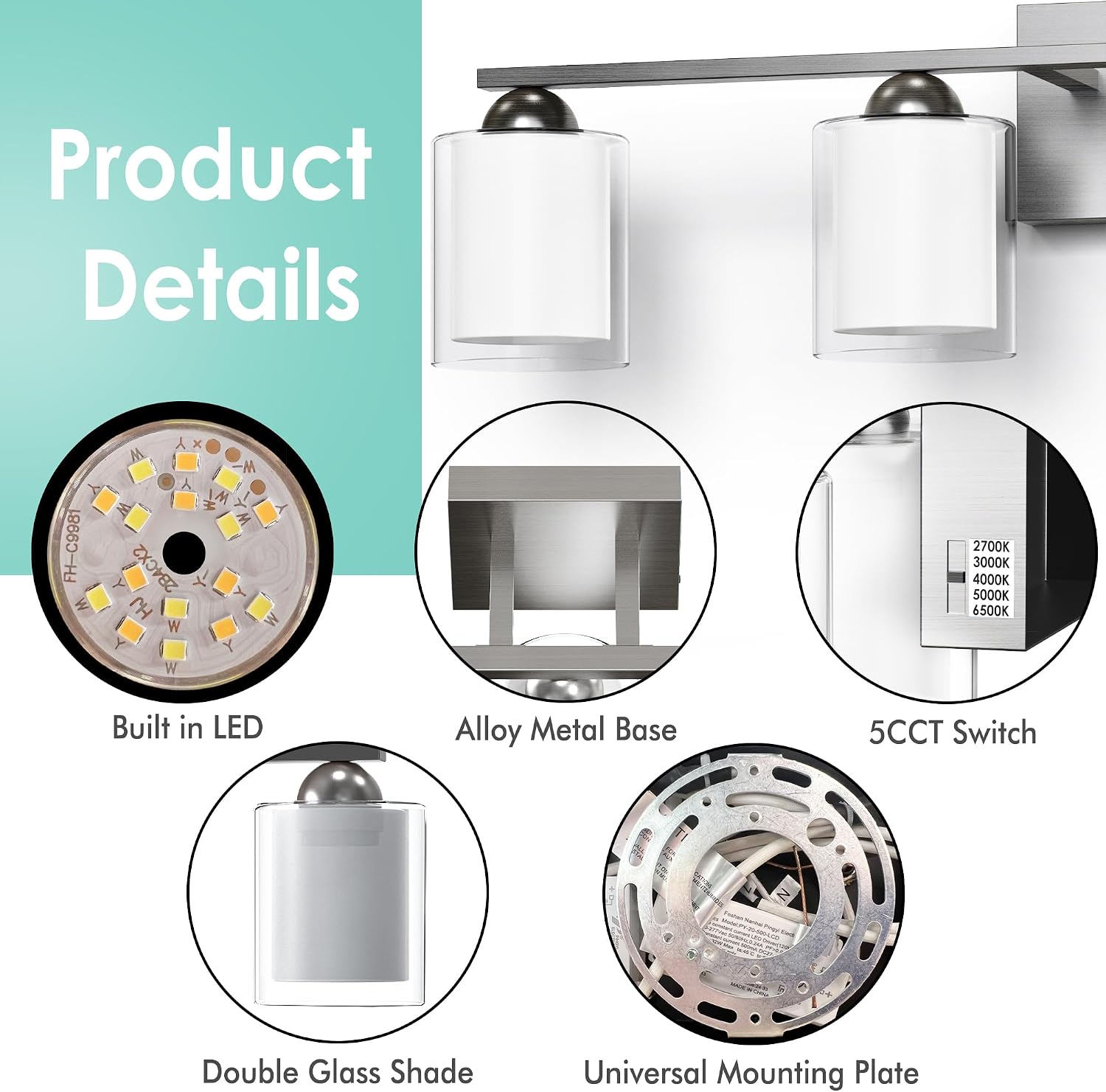 Quntis 4 Light Brushed Nickel Bathroom Light Fixtures, Modern Vanity Lights Over Mirror with 5 Colors & Stepless Dimmable, 27 Inch LED Bathroom Lighting with Milk White Frosted Glass (Bulbs Included)