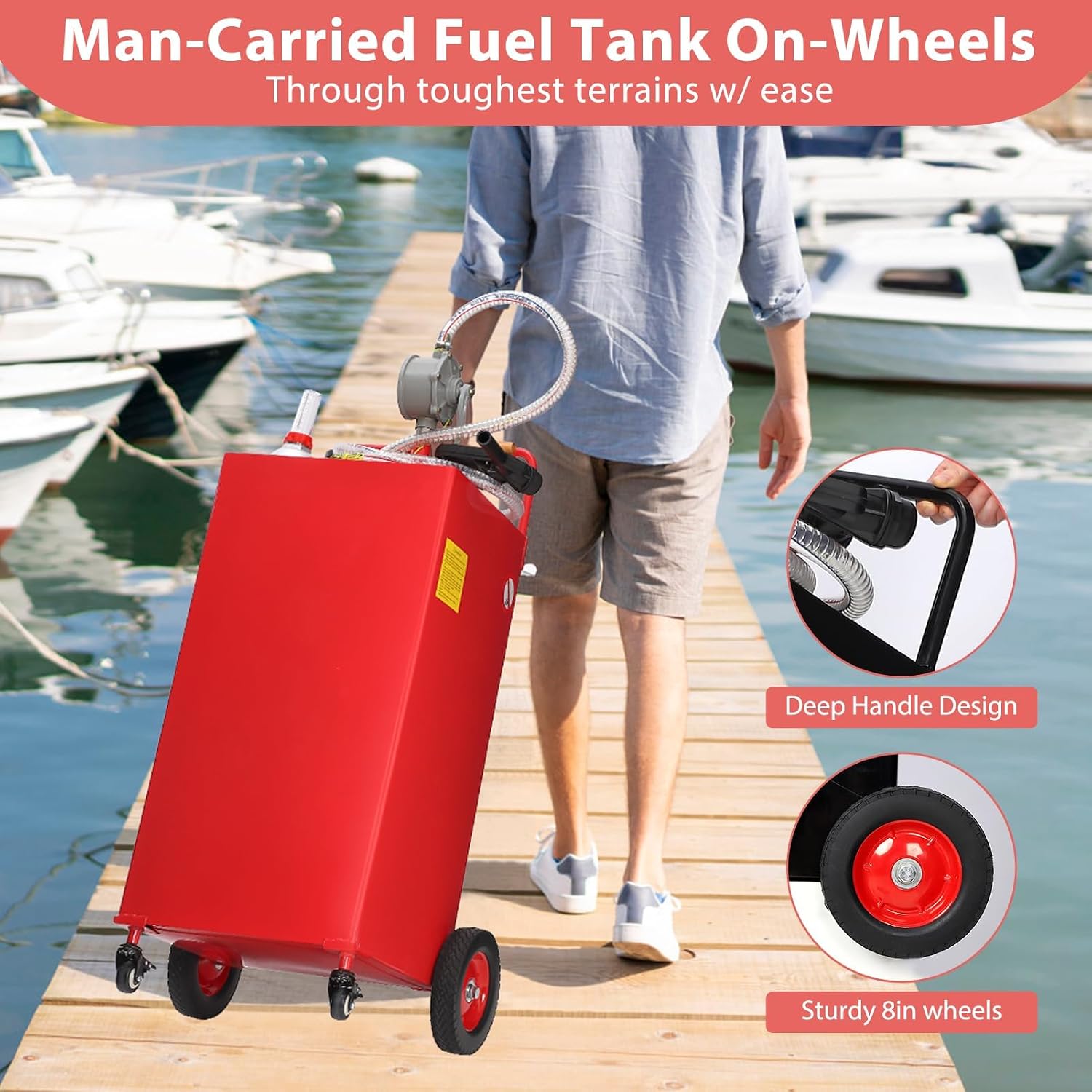Portable Fuel Caddy with Manual Pump – 30 Gallon Gasoline & Diesel Transfer Tank, Mobile Fuel Storage for Lawn Mowers, Trucks, Boats, Farm Use