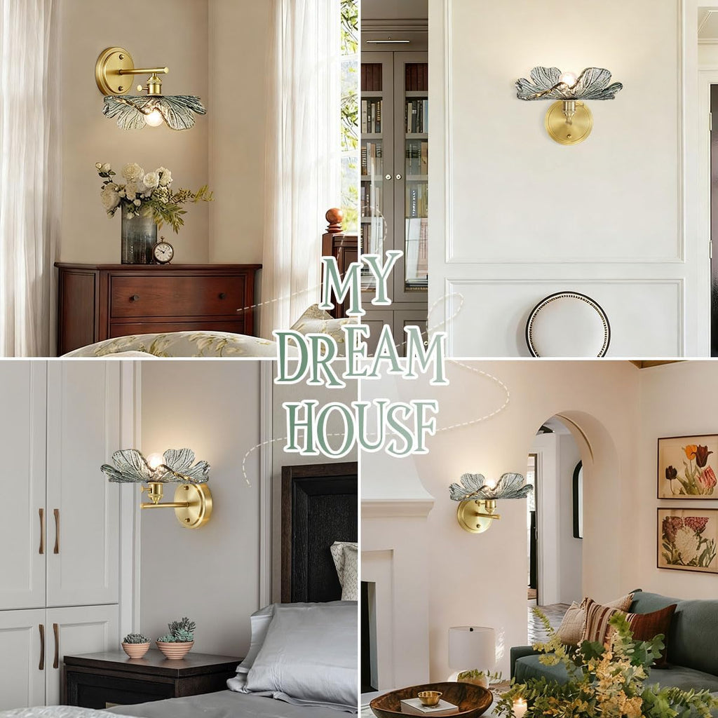 Vintage Bathroom Vanity Light Set of 2 with Dark Green Flower Glass | Art Deco Wall Sconces, Gold Living Room Hallway lighting fixtures, 110V E26 Brass, Supports dimmable bulbs, Easy to install
