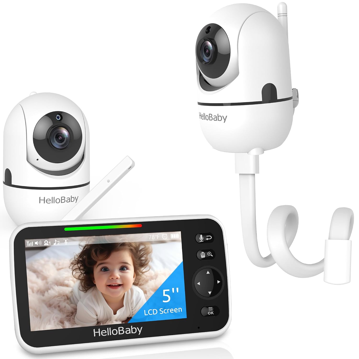 HelloBaby Baby Monitor 2 Cameras with Mount, Upgrade 5'' IPS Screen 26-Hour Battery Life, Crib Baby Monitor Mount Without Tools or Wall Damage