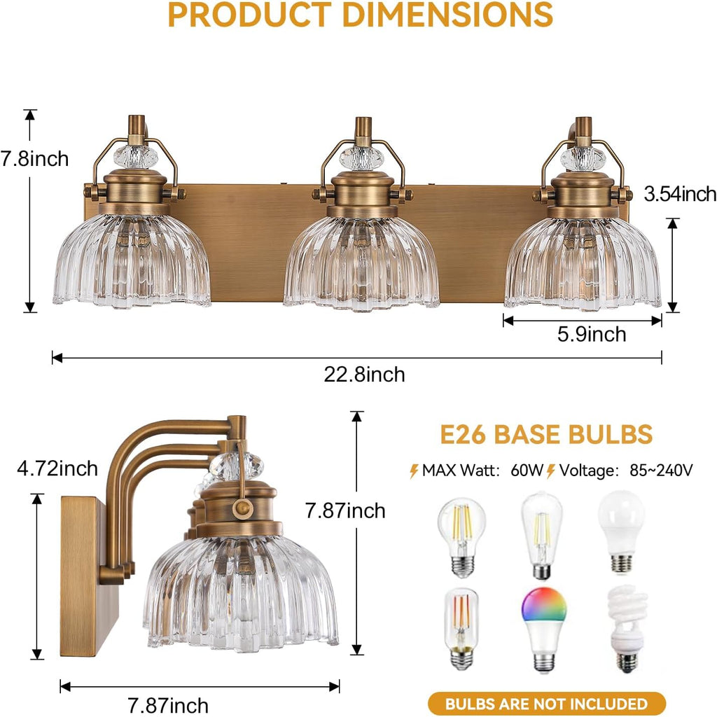 22.83 Inch Vintage 3-Light Vanity Light for Bathroom Brushed Brass Lighting Rustic Vanity Light for Mirror, Farmhouse Bathroom Lighting Fixture(Rust-Proof, Easy Install, Exclude Bulb)