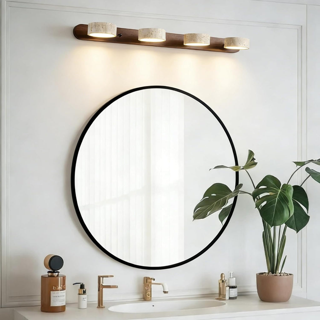 LED Bathroom Vanity Light, Travertine Stone Light Fixture, 360° Rotatable Stone Lampshades, Modern Rustic Wall Lamp for Bedroom, Living Room, Hallway (Walnut Wood-4 Lights)