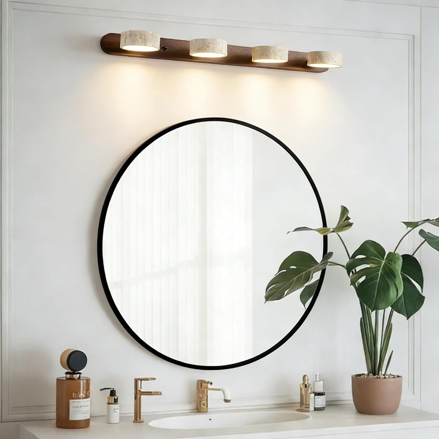 LED Bathroom Vanity Light, Travertine Stone Light Fixture, 360° Rotatable Stone Lampshades, Modern Rustic Wall Lamp for Bedroom, Living Room, Hallway (Walnut Wood-4 Lights)