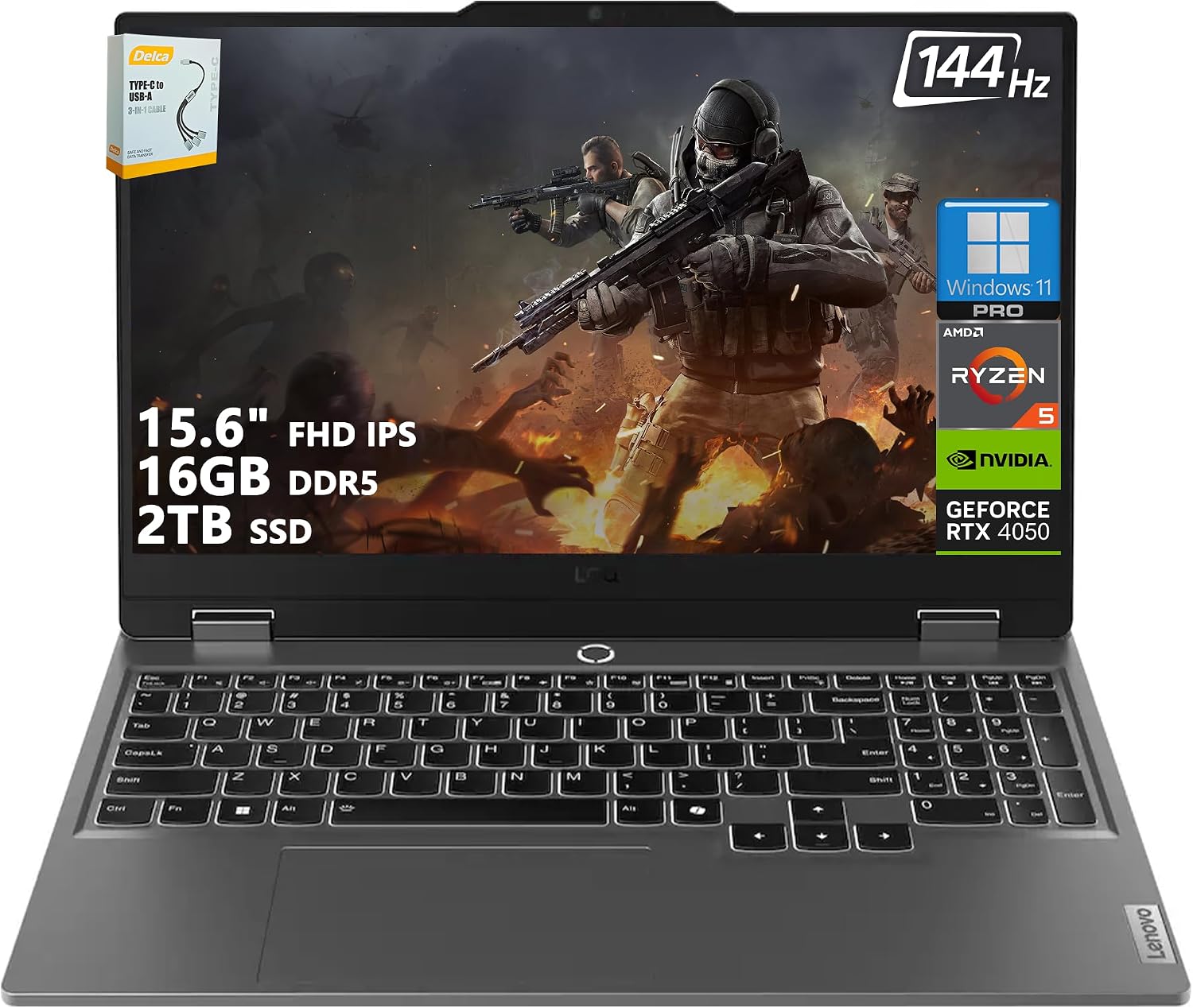 Lenovo LOQ Gaming Laptop | 15.6' FHD IPS 144Hz (100% sRGB G-SYNC) | AMD Ryzen 5 7235HS | 16GB DDR5 2TB SSD | NVIDIA GeForce RTX 4050 6GB | Backlit Wi-Fi 6 Privacy Camera Win11 Pro w/DLCA Accessory
