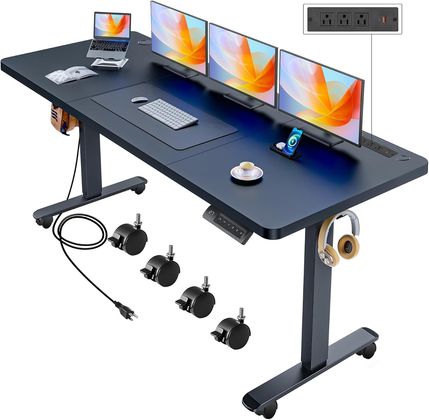 70'' x 27'' Electric Standing Desk Adjustable Height with Charging Station, Wheels, 2 USB Ports, 3 Power Outlets, 27''-46'' Lifting Range Stand up Desk for Home Office(Black)