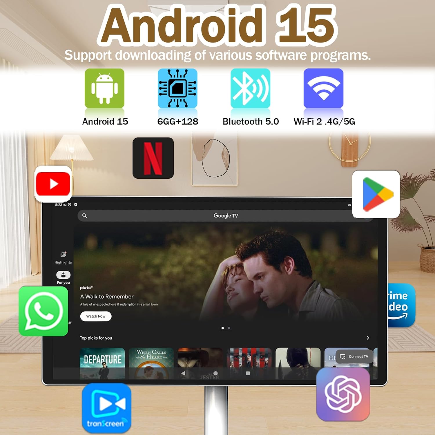 21.5' FHD Smart Portable TV, Rolling TV on Wheels, Android 15 OS, 6G +128GB Storage, Portable Touch Screen Monitor, 13MP Camera, Built-in Battery, 60Hz Refresh Rate, Full Swivel Rotation, Voice Remote