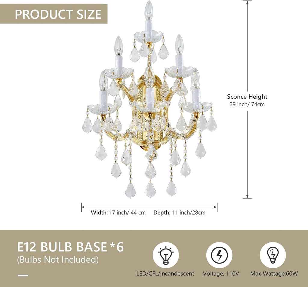 Modern Crystal Wall Sconce Lights- 6 Light Maria Theresa Crystal Wall Sconces Lighting Gold Wall Lamp Chandelier Light Fixtures for Living Room Wall Sconce Light Wall Mounted Lamp Indoor