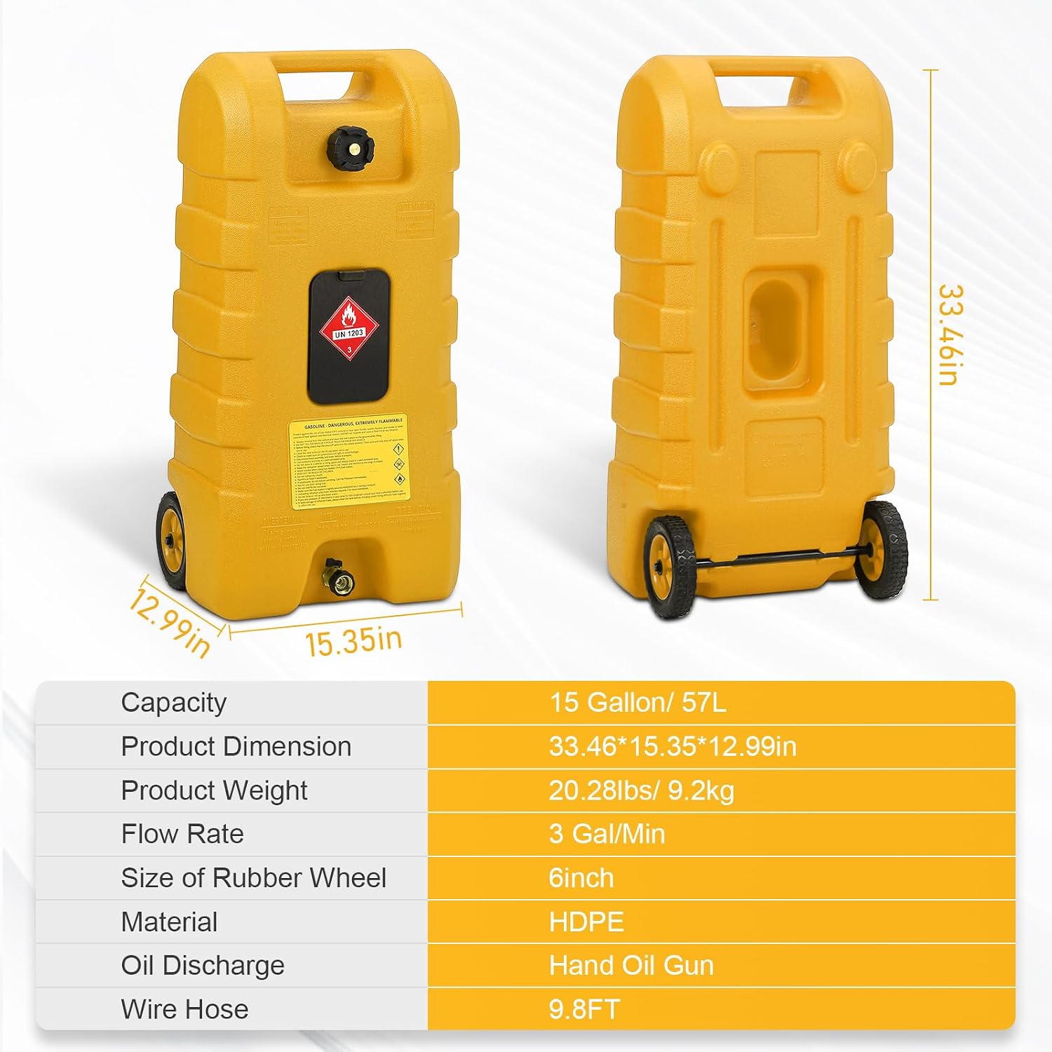15 Gallon Gas Can, Fuel Tank Container with LE Fluid Transfer Manual Siphon Pump & 10FT Hose, Portable Diesel Gas Storage Caddy with Wheels for Car, ATV, Weeder, Boat, etc., Yellow