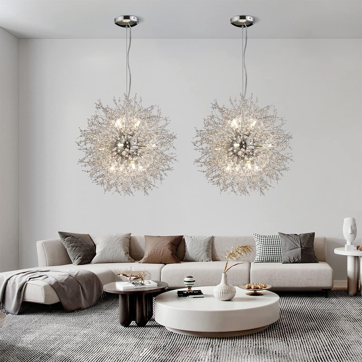 Modern Crystal Chandeliers Firework, 12-Light Chrome Stainless Steel Sputnik Chandelier, 21.6' Dandelion Pendant Ceiling Light Fixture for Bedroom Dining Room