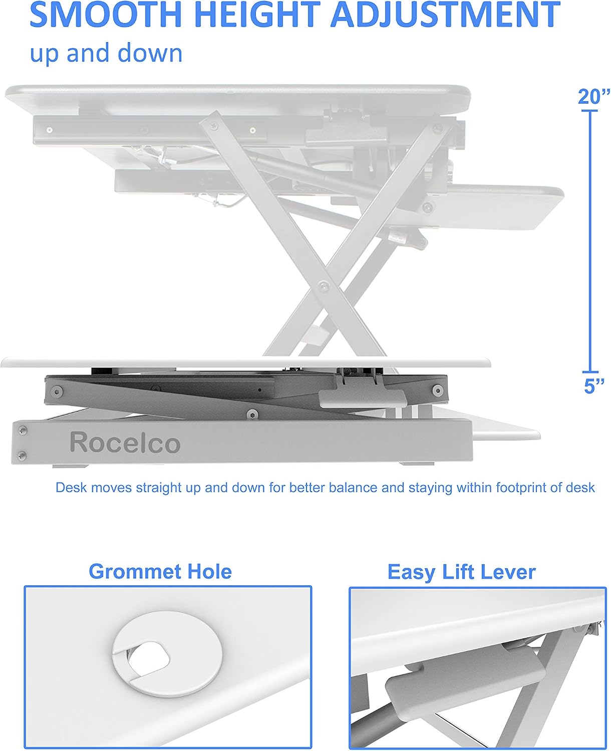 Rocelco 46' Large Height Adjustable Standing Desk Converter - Quick Sit Stand Up Triple Monitor Riser - Gas Spring Assist Computer Workstation - Retractable Keyboard Tray - White (R DADRW-46)