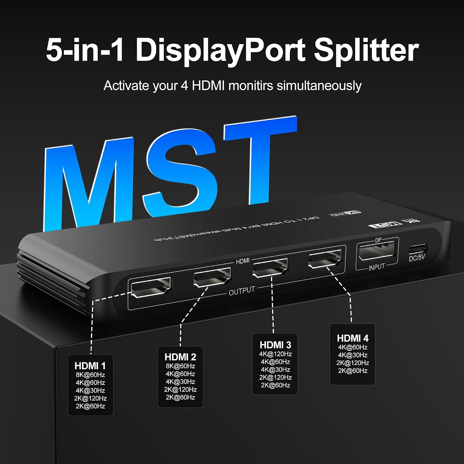 DisplayPort to HDMI Splitter for 4 Monitors, 8K@60Hz HDMI Splitter Extended Display 1 DP in 4 HDMI Out DisplayPort MST Hub for Multiple Monitor, Compatible with Computer, Graphic Card, PC