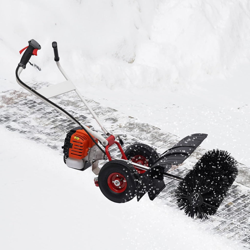 52CC Gas Powered Sweeper Broom 2-Stroke 2.5Hp Hand-Push Artificial Grass Sweeper Walk Behind Lawn Sweeper Snow & Leaves Cleaning Sweeper Broom for Garden Lawn Driveway Walkway| US Stock
