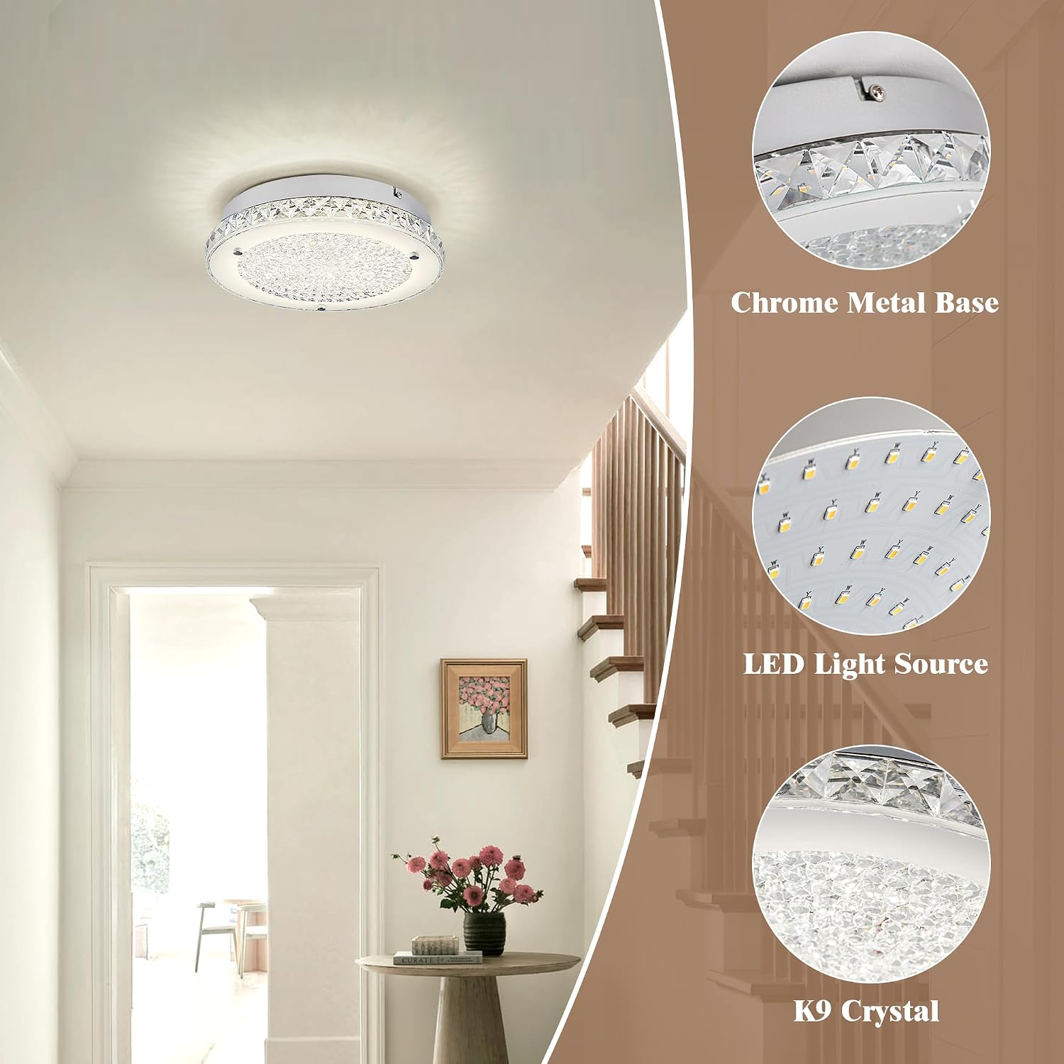 Crystal Ceiling Light 3000/4000/5000K Crystal Ceiling Mounted Light Dimmble LED Chandelier for Hallway Dinning Room Bathroom Bedroom Hallway Entrance 14''