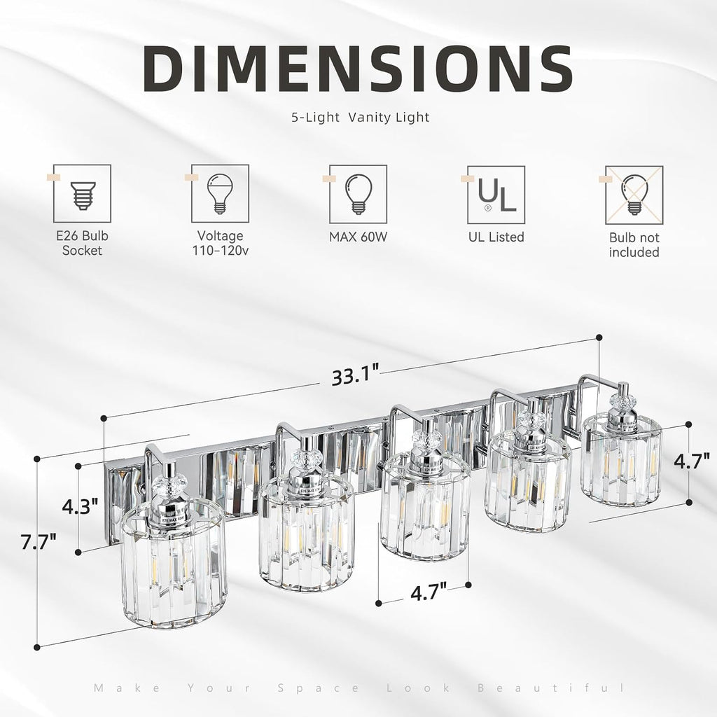 5-Light Modern Bathroom Light Fixture Chrome Bathroom Vanity Lights Over Mirror Wall Sconce Lighting with K9 Crystal Shades E26 Base for Bedroom, Living Room, Hallway Wall Lamp