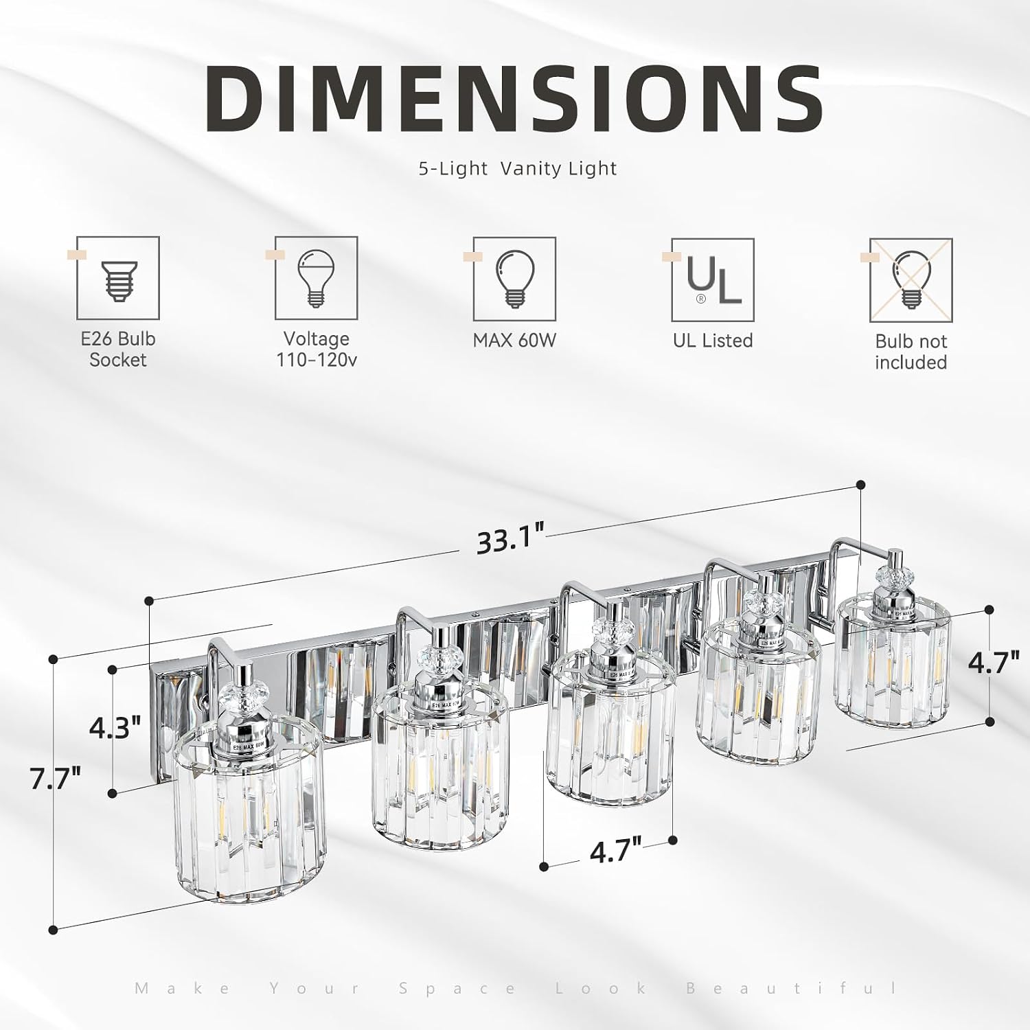 5-Light Modern Bathroom Light Fixture Chrome Bathroom Vanity Lights Over Mirror Wall Sconce Lighting with K9 Crystal Shades E26 Base for Bedroom, Living Room, Hallway Wall Lamp