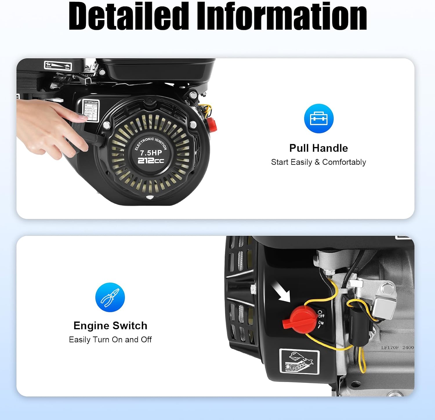 212cc 4-Stroke Gas Engine Motor for Honda GX160, 7.5HP Gasoline Motor Engine Horizontal Shaft, Go Kart Pull Start Gas Powered Engine with Air Cooling System for Honda Karts, Lawnmowers