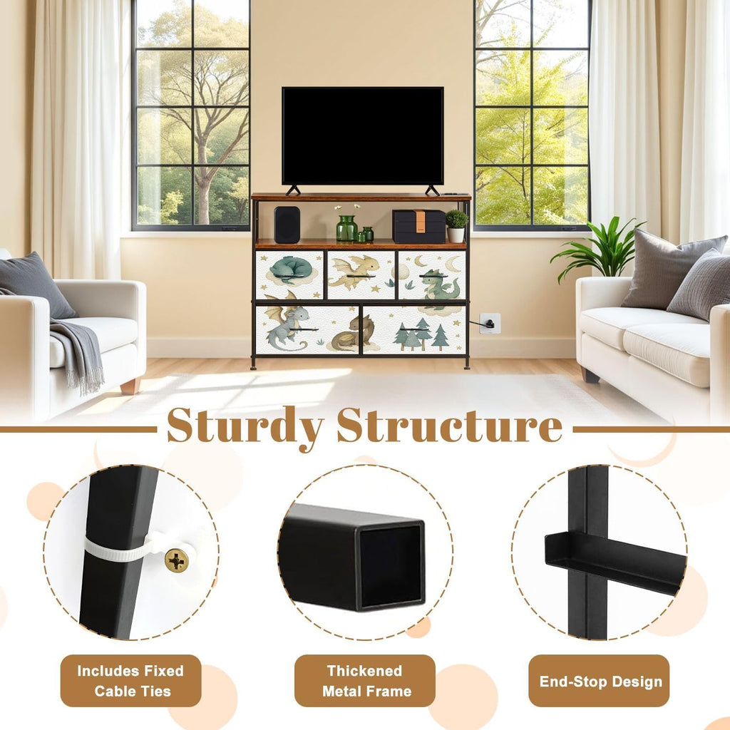 TV Stand with 5 Fabric Drawers Dragon Baby Animals Watercolor Dresser for Bedroom Wide Chest of Drawers Storage Organizer Unit with Open Shelves Power Outlet