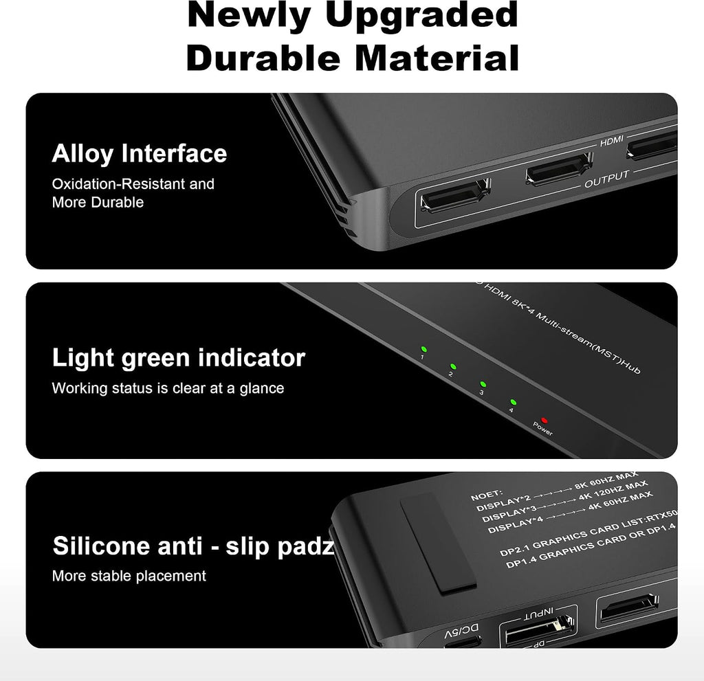 DisplayPort to HDMI Splitter for 4 Monitors, 8K@60Hz HDMI Splitter Extended Display 1 DP in 4 HDMI Out DisplayPort MST Hub for Multiple Monitor, Compatible with Computer, Graphic Card, PC