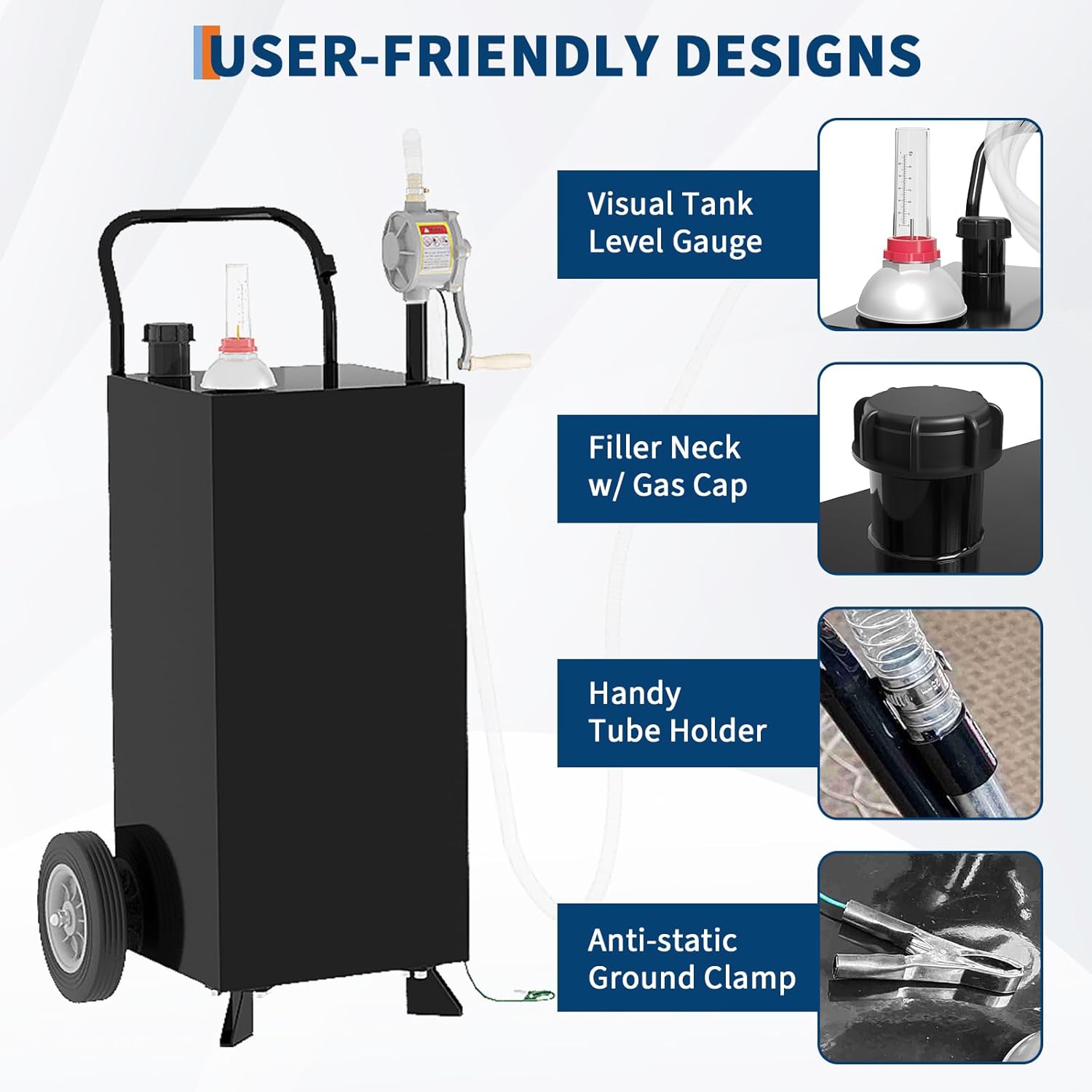 35 Gallon Fuel Caddy, Fuel Transfer Tank with Pump, Gas Storage Tank, Gasoline Diesel Fuel Container for Cars, Lawn Mowers, ATVs, Boats, More, Black