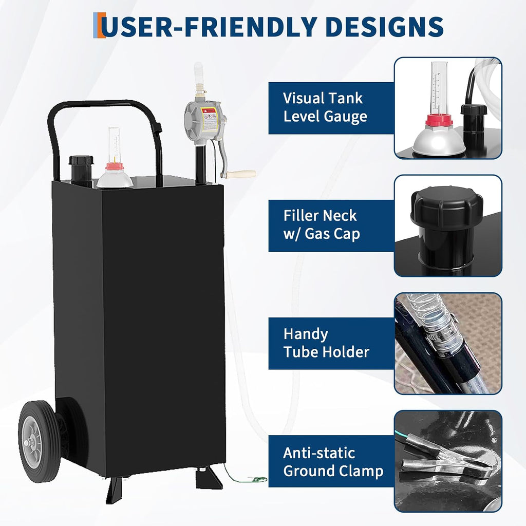 30 Gallon Diesel Fuel Transfer Tank with Manual Pump, Heavy-Duty Steel Gas Caddy on 2 Wheels, 10 Ft Kink-Free Hose & Nozzle, Portable Fuel Tank for Tractors, Generators, Lawn Mowers, ATVs