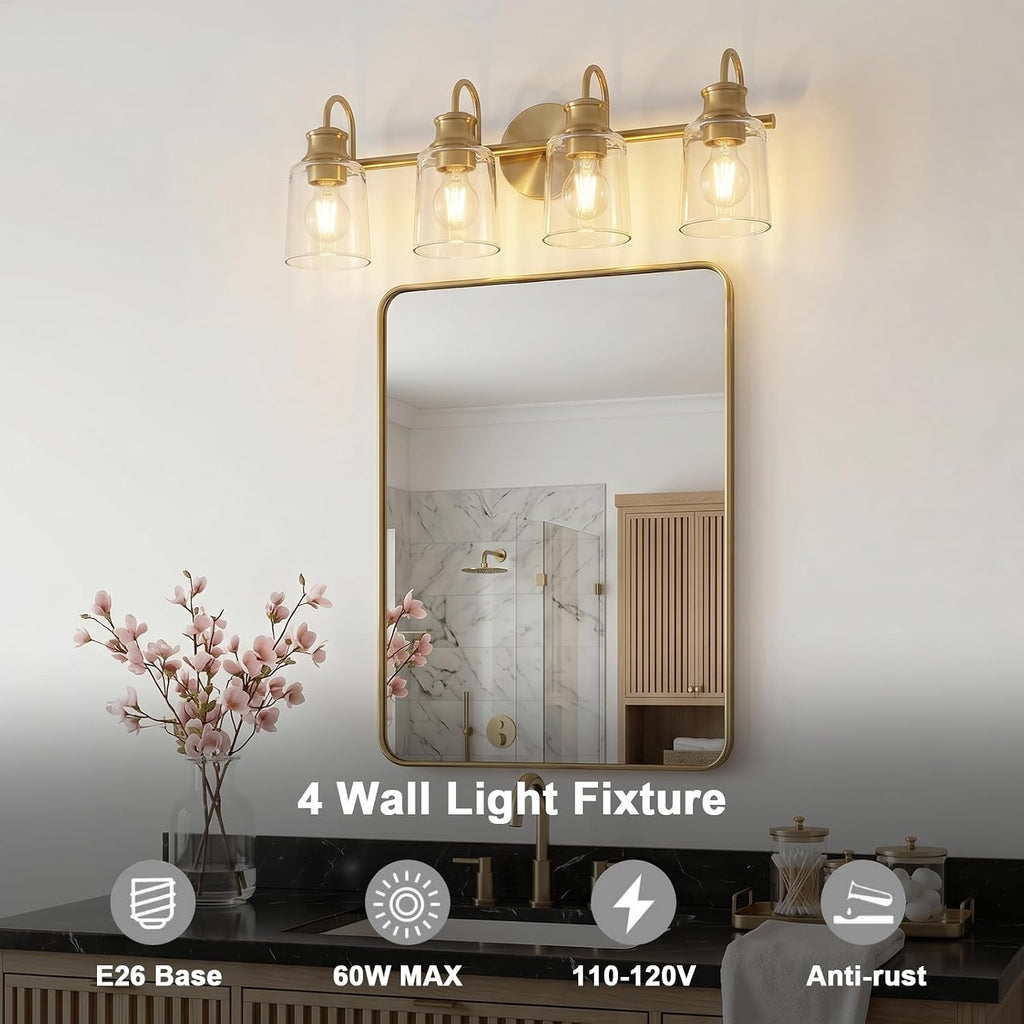 4 Lights Bathroom Light Fixtures Modern Gold Vanity Lights for Bathroom Lighting Fixtures Over Mirror with Clear Glass Shade for Cabinet Mirror Bedroom Hallway